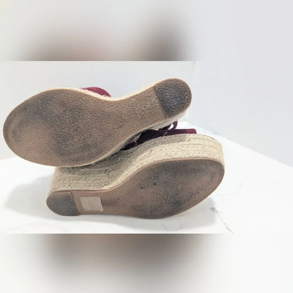 Alegra K High Heel Espadrilles Platform Strapy Tie Burgundy Suede Shoe Wedge 8.5